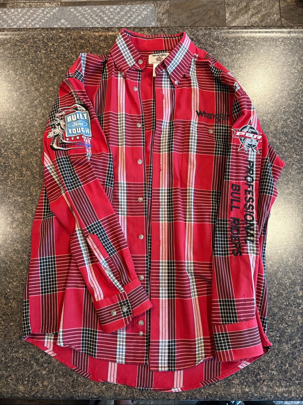 Wrangler Red Plaid Button-Down Western Shirt with PBR Sleeve Graphics